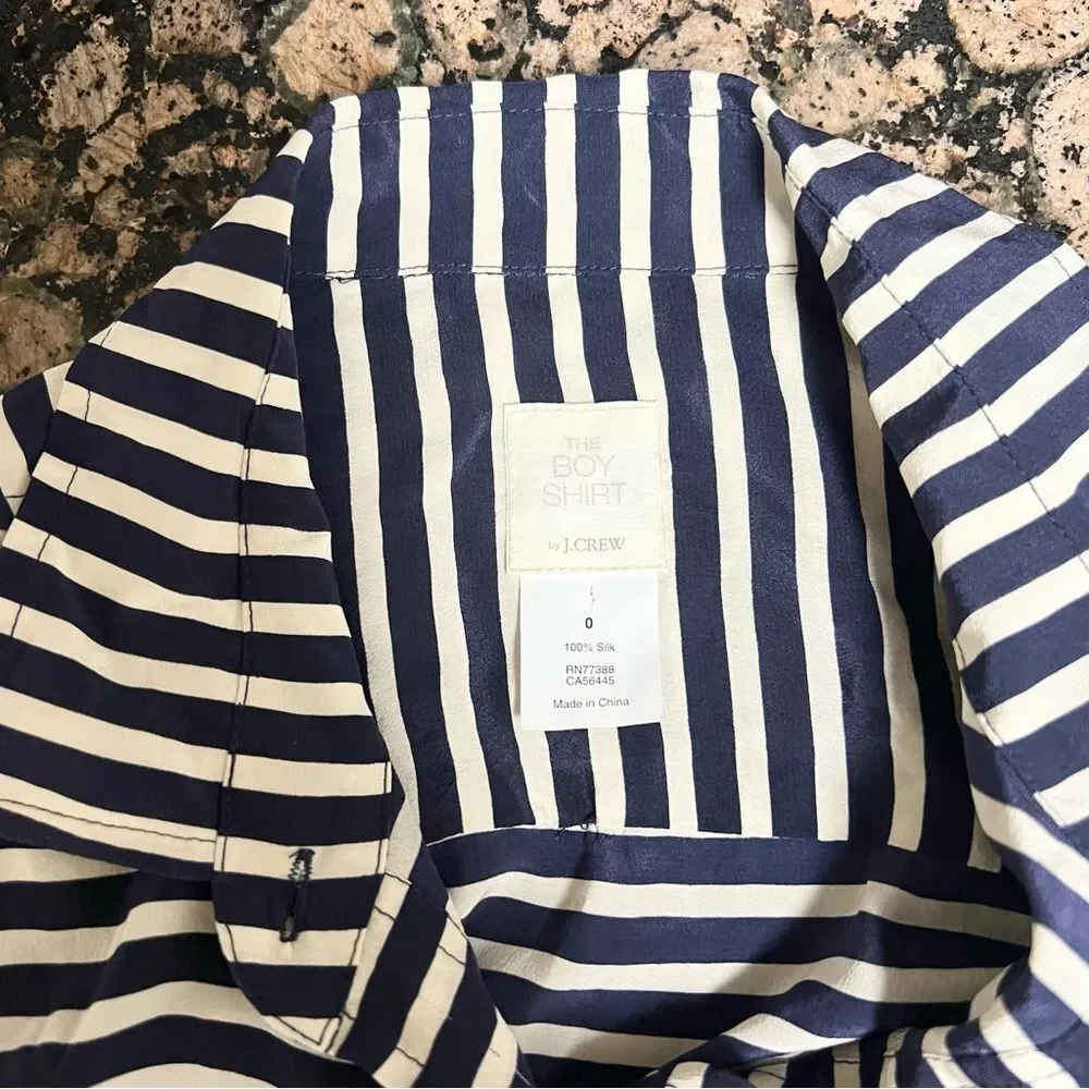 J. Crew Womens Size 0 Navy Cream Striped 100% Silk The Boy Shirt Button Down